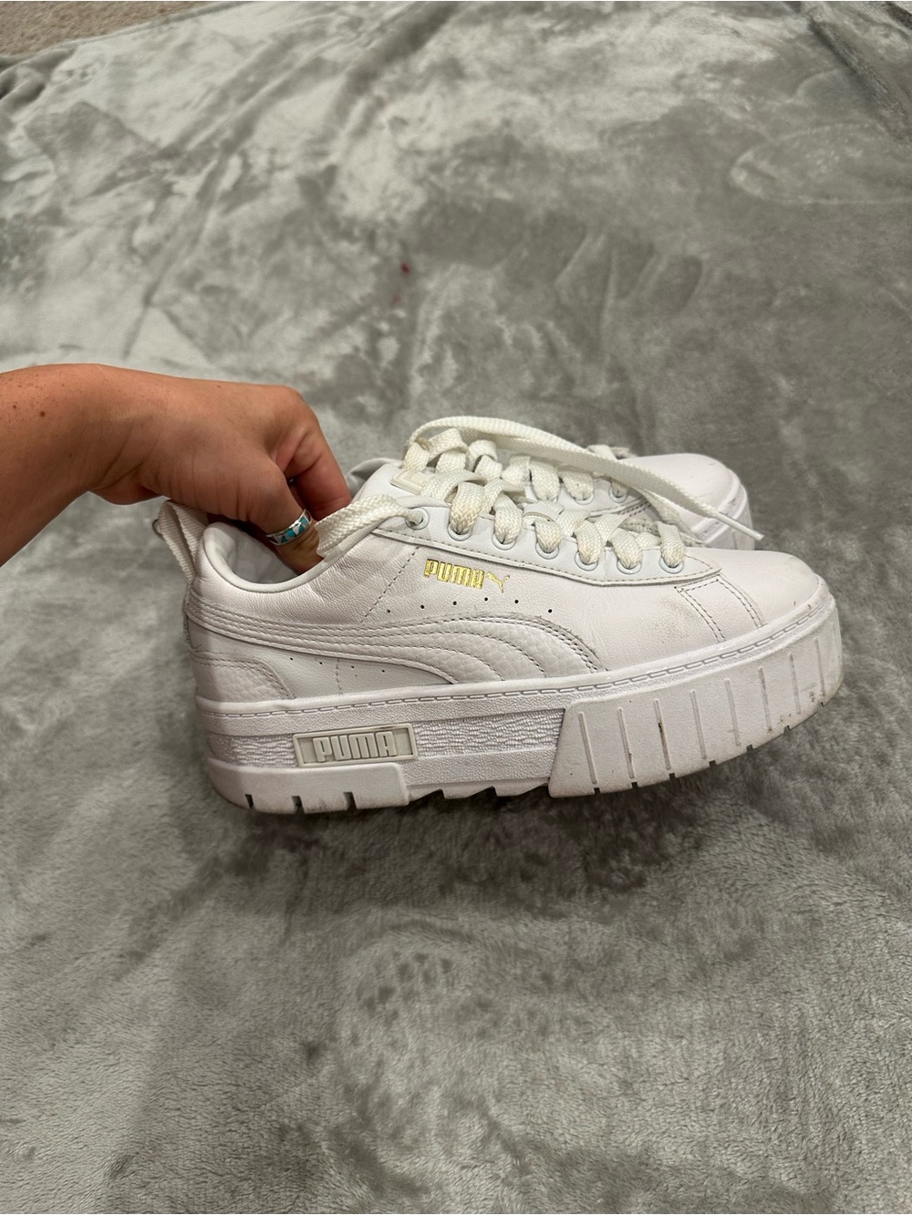 PUMA Mayze Classic Platform Sneakers White Gold Womenโs Size 6.5